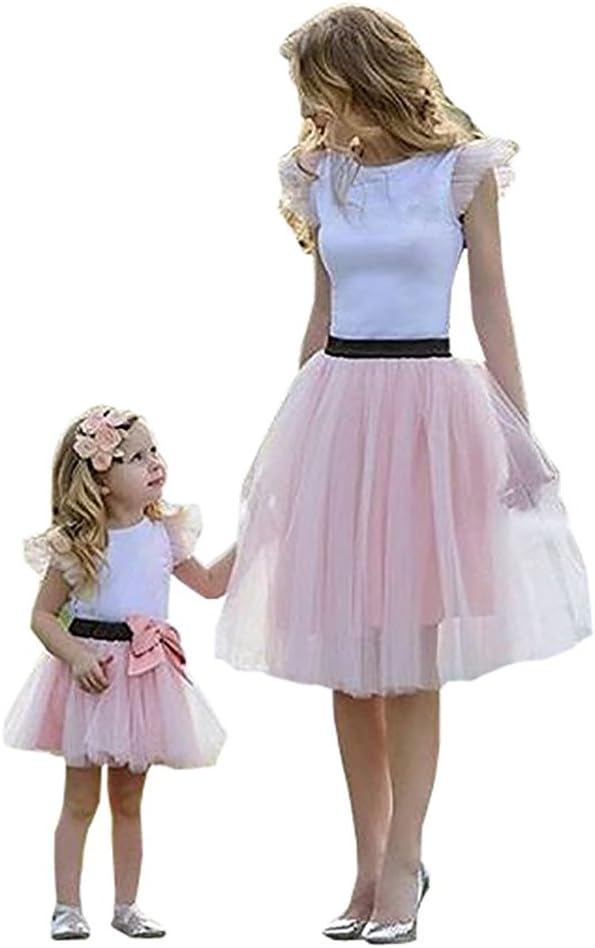 LoalirandoChic Summer Family Matching Set Mother Daughter Short Flying White Sleeves T-Shirt + Pink Lace Ruffles Skirt