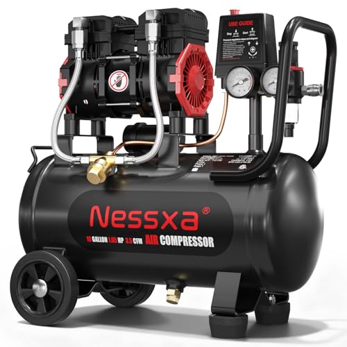 10 Gallon Ultra Quiet Air Compressor, Oil-Free Air Compressor Tank with Two Quick Couplers, 1.65HP 3.5 CFM@115PSI Pressure 70dB Electric Air Compressor for Woodwork Nailing, Garage, Auto Repair