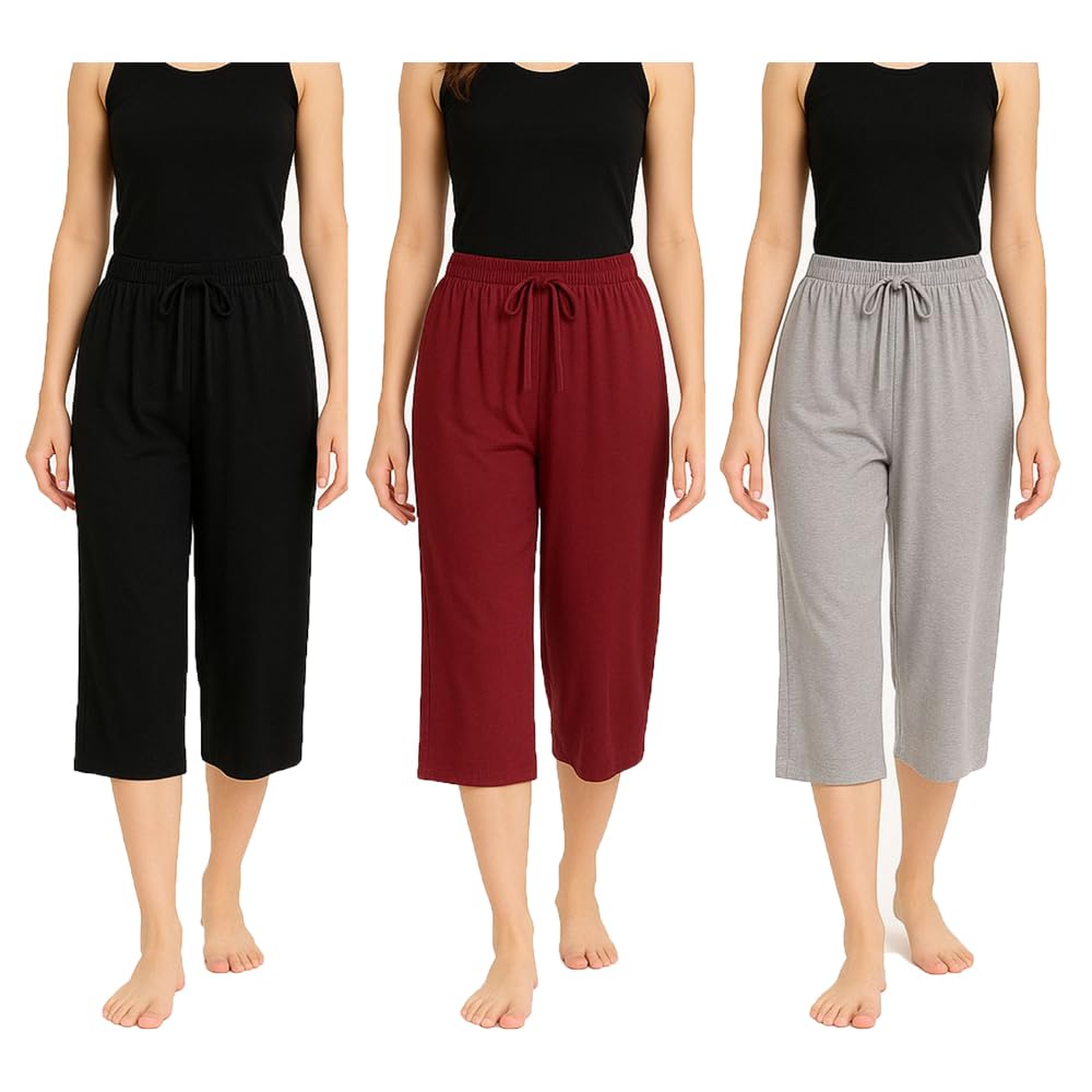 Womens Cotton 3/th Capri Trousers For Womens Black,Grey, Marrone 3Pack-picture-42