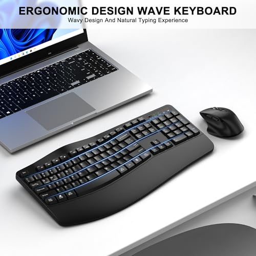 Wireless Keyboard and Mouse Combo 24G Full Size Wave Keys Ergonomic Keyboard with Wrist Rest and 3 Level DPI Adjustable Wireless Ergonomic Mouse for Windows Mac OS DesktopLaptopPCBlack