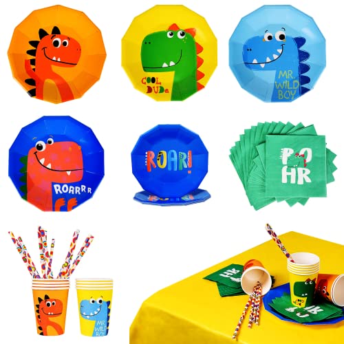 Assiette, tasse, serviette, paille et nappe dinosaure pour anniversaire
