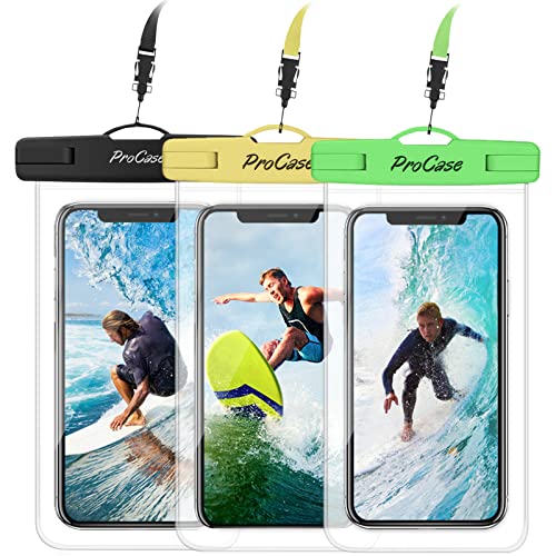 ProCase Universal Waterproof Pouch up to 7", Cellphone Dry Bag Underwater Case for iPhone 17 Air 16 15 14 13 Pro Max 12 11 Xs XR 8 Plus Mini, Galaxy S23 S22 S21 Ultra Pixel -3 Pack, Green/Yellow/Black