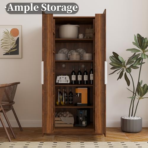 Image of 22 in Deep Kitchen Pantry Storage Cabinet with Doors and Shelves Walnut | Tall, Large Cupboard for Food