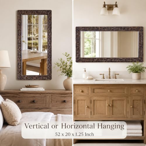 Image of Wooden Bathroom Wall Mirror,Solid Wood Frame,52x20x1.25 Burnt Brown | Farmhouse Decorative Wall Mirror for Bathroom, Bedroom, Living Room & Entryway, Vertical /Horizontal Hanging