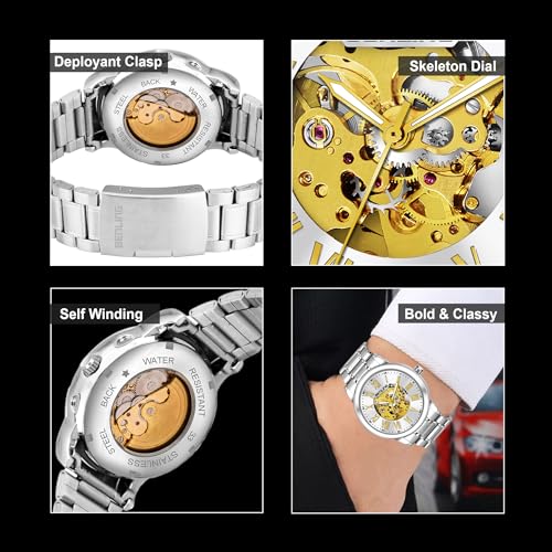 Image of Benling Skeleton Analog Automatic Watch for Men, Mechanical Movement, Leather Strap, Formal Casual Party Official Purpose