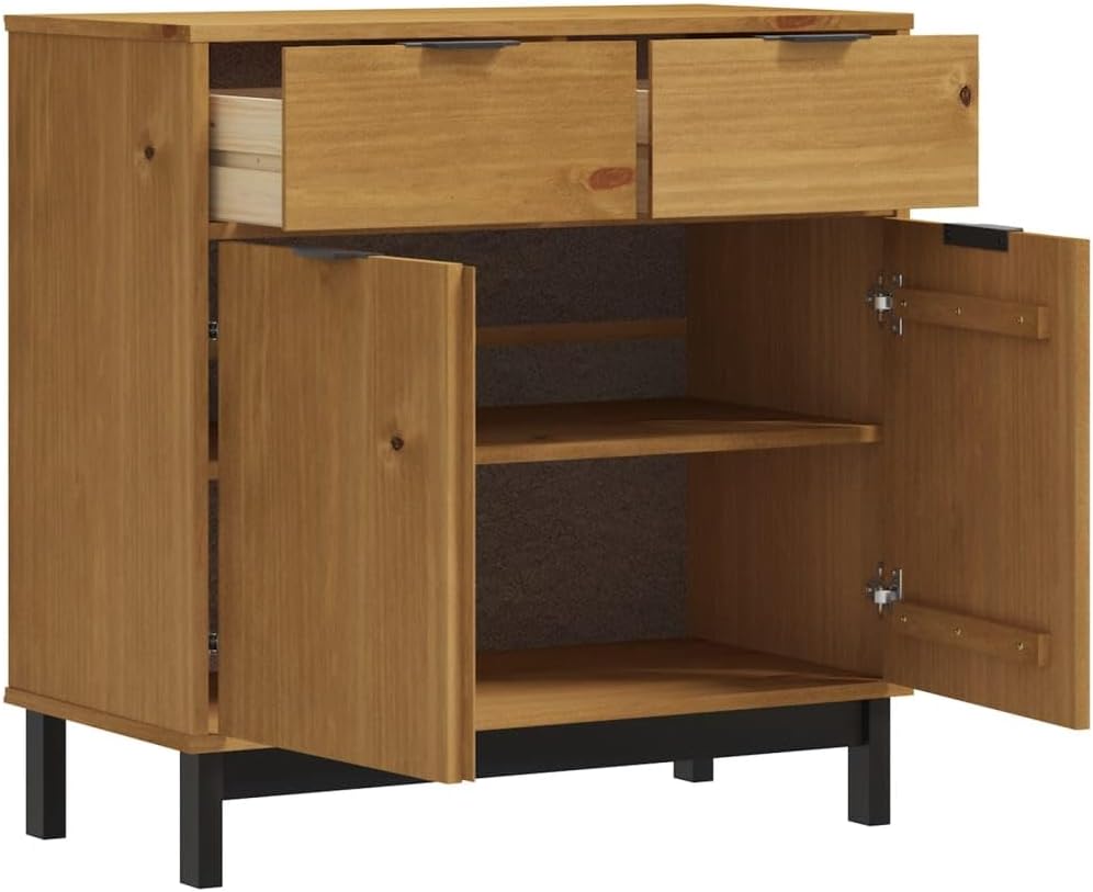 Rustic Solid Pine Wood Sideboard with Oak Finish, Two Doors and Drawers for Storage Furniture