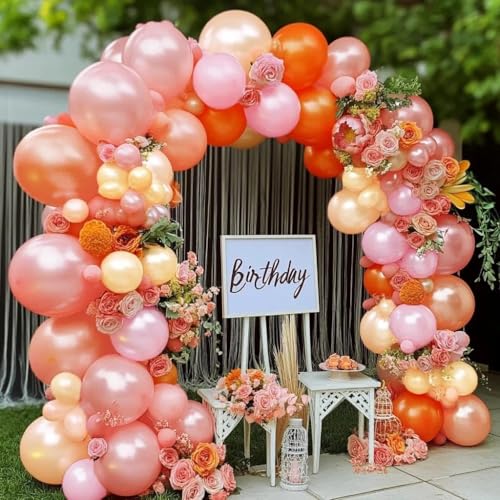 Image of Pink Orange Balloons Double Stuffed Pearl Balloon Arch Latex Rose Light Pink Nude Balloon Garland for Birthday Baby Shower Wildflower Wedding Bridal Shower Warmful Home Party Decoration