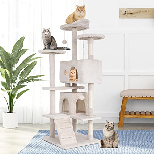 Image of BestPet | 54 inch Cat Tree Tower | Beige | Sturdy Multi-Level Cat Tree