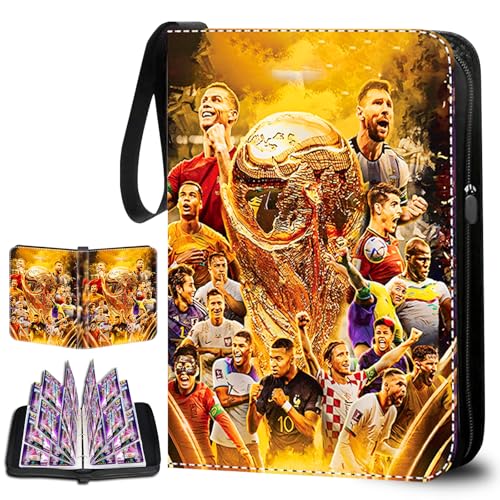 ShifenHong - Soccer Card Binder 4 Pocket,Trading Card Binder Fits 440 Cards with 55 Removable Sleeves,Waterproof PU Leather 3-Ring Zipper Card Organizer,Portable Card Holder for Football Fans Boys Girls Collectors