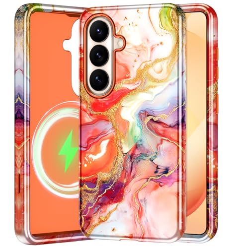 Btscase for Samsung Galaxy S26 Case, [Military Grade Drop Tested] Marble Pattern Design Slim Rugged Shockproof Women Girls Men Protective Anti-Scratch Cover, Magnetic-Orange Gold