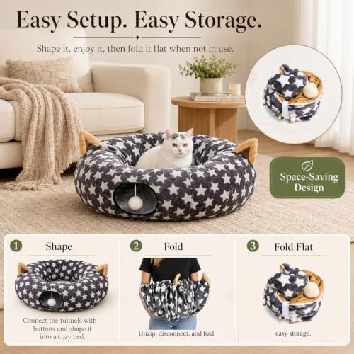 Image of Large Cat Tunnel Bed Under Christmas Tree with Fluffy Toy Balls, Small Cushion and Flexible Design- 10 inch Diameter, 3 ft Length- Great for Cats, and Small Dogs, Gray Star Pattern