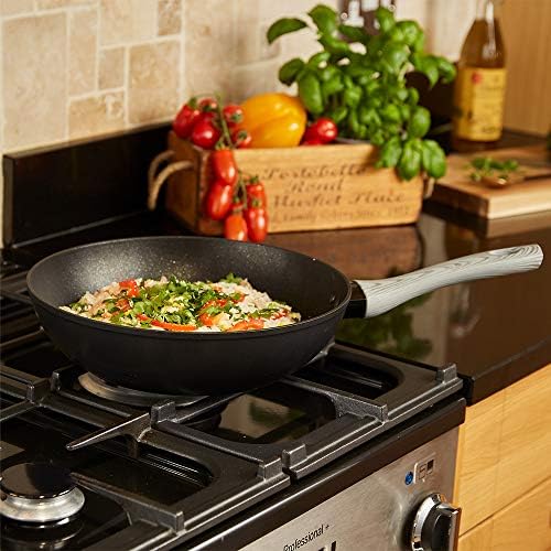 DECO EXPRESS Wok Non Stick for Induction Hob Gas and Electric, Forged Aluminium 24cm Or 28cm Stir Fry Pan Non-Stick Anti-Scratch Coating with Wood Effect Bakelite Handle (Grey 24 CM)