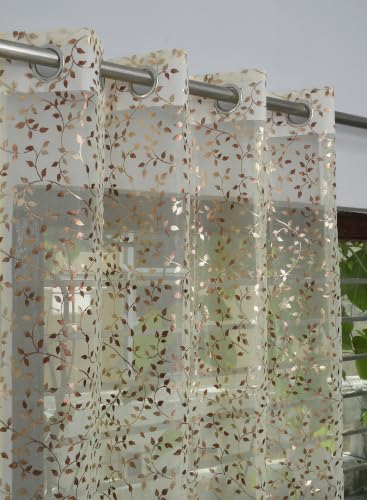Image of Homefab India Multi Foil Transparent Sheer Curtain - 7 X 4 Feet, Door Curtains, Cream Leaf, Pack of 1 Piece