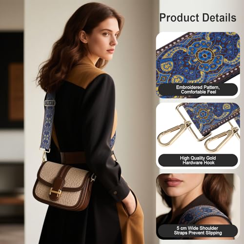 Image of TULOBI Vintage Embroidery Purse Strap Replacement Crossbody forHandbags Women, 2 inch Wide Guitar Strap for Purses Crossbody, Adjustable 31-56 inches Bag Strap (Blue)
