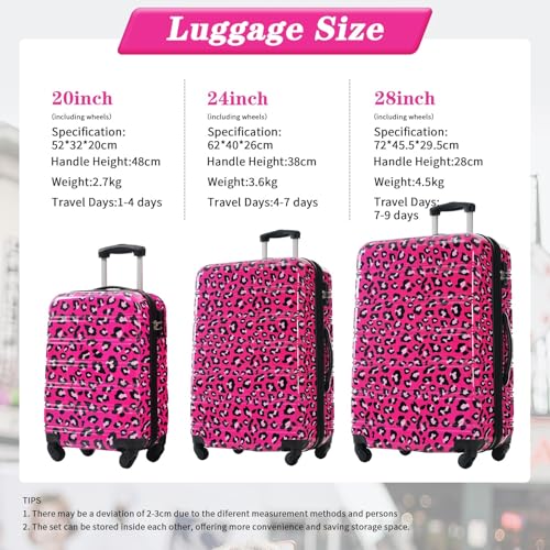 Lightweight Hardshell Luggage Sets - 3 Piece Suitcase Set with Lock - Fashionable Leopard Pattern - 20", 24", 28" Expandable Travel Bags4