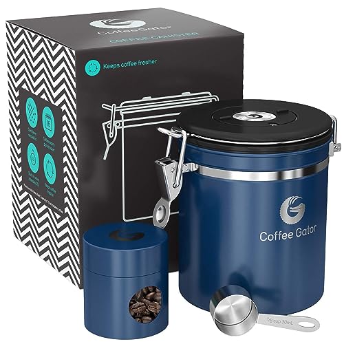 Coffee Gator Coffee Canister 6 Stainless Steel Coffee Container for Ground Coffee w/Date Tracker, Co2-Release Valve, Measuring Scoop & Travel Jar - Medium, Blue