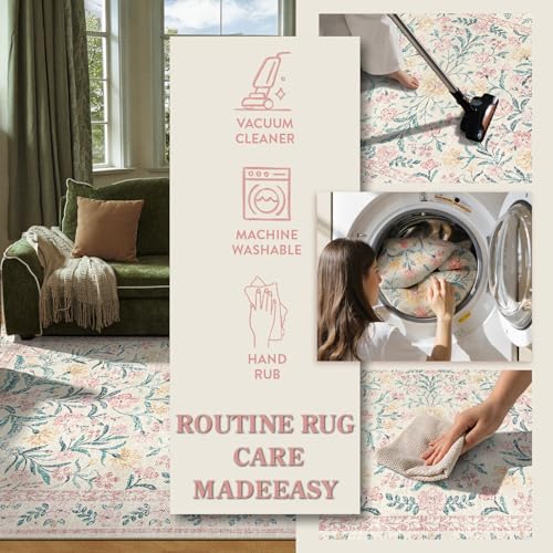 Lahome Sylvie Pink Bedroom Rug for Girls Room Decor, 5x7 Washable Cute Playroom Nursery Rug, Soft Floral Low Pile Carpet for Kids Living Dining Room Indoor, Pink/Multi