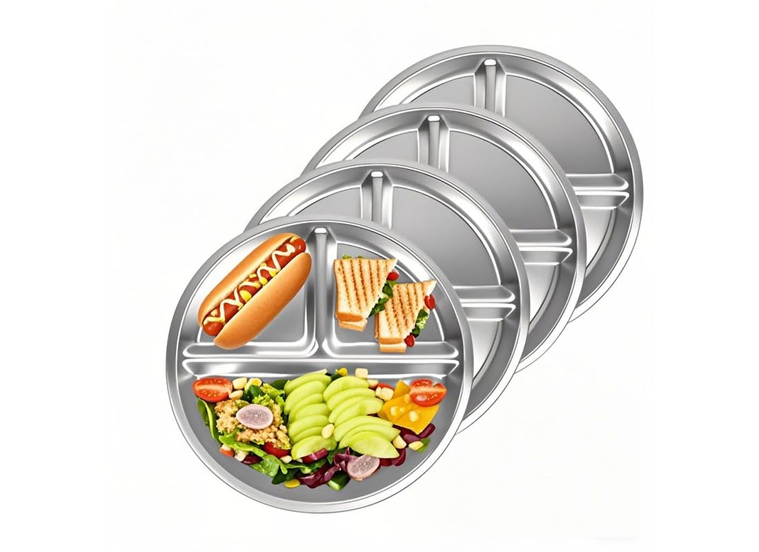 Sprigold 304 Stainless Steel Dinner Plates 4 Pack, 9.05’’Round Control Plate Divided Plates, Ideal for Children,Adults, Lunch Tray,Camping Food Tray Dishwasher-Safe (4, 9.05'' Round)
