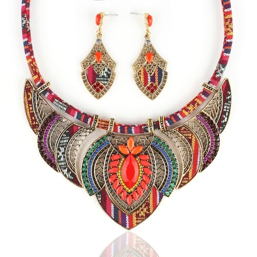 Zhlichouy African Jewelry Sets for Women Boho Tribal Retro Statement Choker Necklace and Dainty Dangle Earring Set Multicolor Ethnic Style Chunky Bib Collar Costume Jewelry Accessories for Women