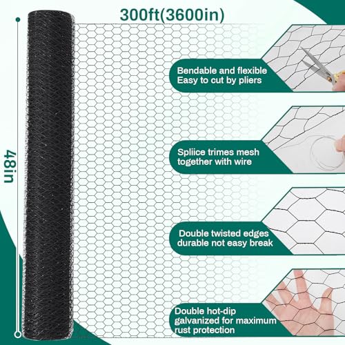 Image of GlikCeil 48 in x 300 ft Chicken Wire Mesh Fencing for Floral Garden, 23 Gauge Black Galvanized Steel Wire, 1 Inch Hexagonal Hardware Cloth Netting for Farm Crafts Poultry Coop Barrier Rabbit Cage