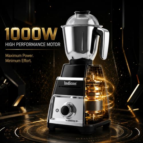 Image of indicon Thar 1HP (1000 Watts) Mixer Grinder, 3 Jars, Black | Heavy Duty Copper Motor for Grinding, Blending & Mixing | Stainless Steel Blades, Multi-Speed, Durable Kitchen Power Tool (Black)