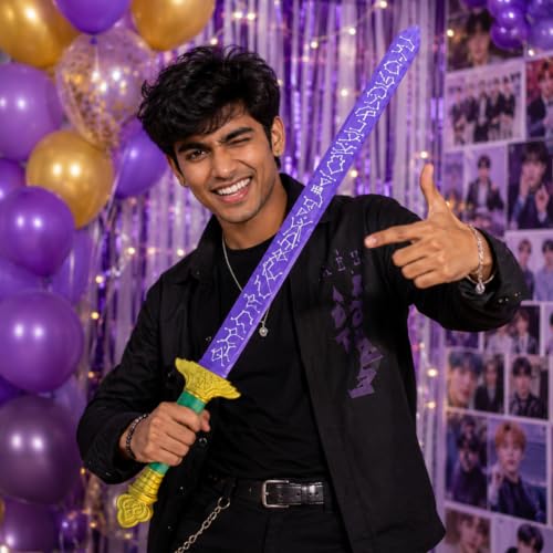 Image of Wanna Party Korean Pop Fantasy Toy Sword, 26 Inch Purple Cosplay Prop Sword with Golden Handle for Costume Party, Birthday Gift, Stage Performance, Dance Theme & Party Dress-Up Accessory