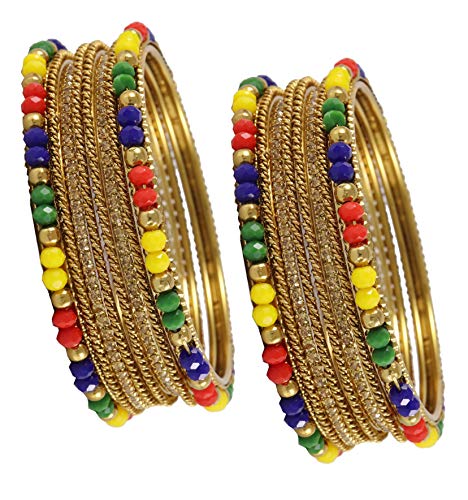 Image of NMII Metal with Zircon Gemstone, Pearls and Beads Studded Glossy Finished Bangle Set For Women and Girls