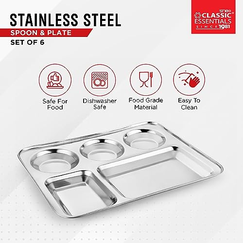 Image of CLASSIC ESSENTIALS Stainless Steel Compartment Plate Bhojan Thali (Five-in-One), Lunch /Dinner Plate | Pack of 6