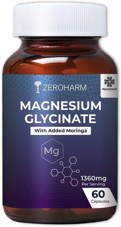 Magnesium Glycinate + Moringa Extract | 1360 mg Per Serving | Muscle, Sleep Support | Promotes Joint Mobility | No Additives, Preservatives for Men & Women | Nano Formulated 60 Capsules By ZEROHARM