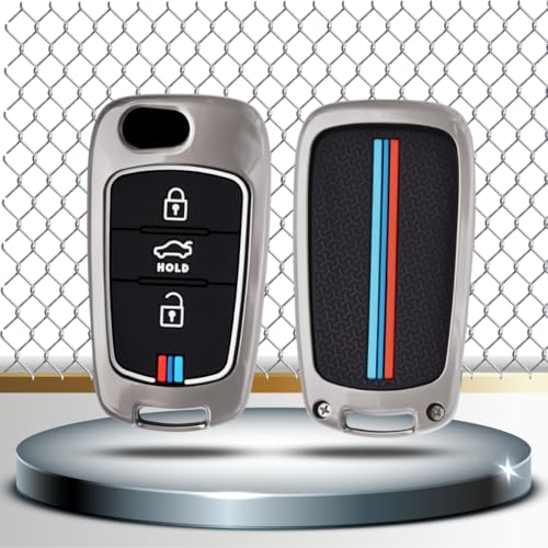 Image of KEYCEPT Metal Alloy Key Cover Compatible with Hyun-dai i10, i20 Old 3 Button Flip Key with Keychain (Long Keychain).