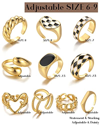 Faxhion 10Pcs 18K Gold Chunky Rings For Women Girls, Gold Plated Twisted Rings Set Pack Stackable Knuckle Midi Rings Adjustable Open Ring Band Statement Jewelry #TOP7