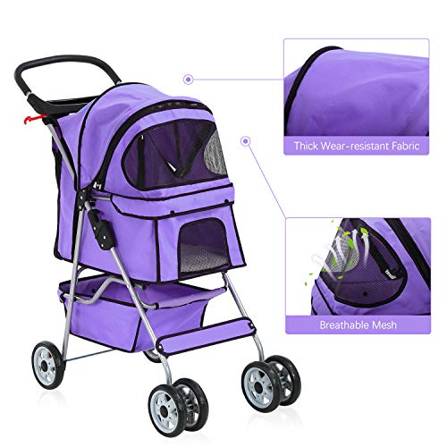 MeetPerfect 4 Wheels Travel Stroller Pet Stroller Dog Cat Pushchair Trolley Puppy Jogger Folding Carrier Carriage with… - Image 4