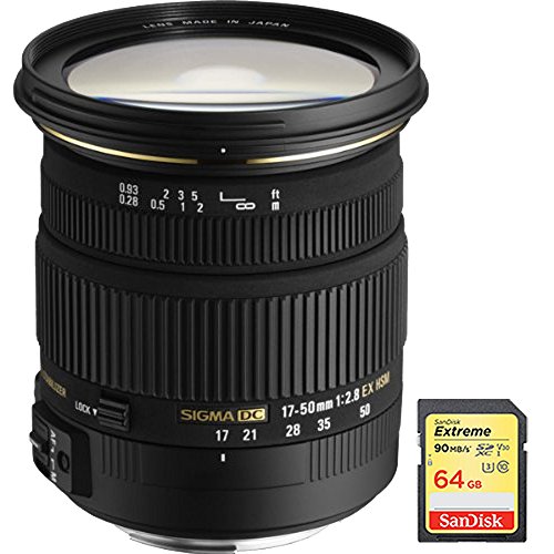 Sigma 17-50mm f/2.8 EX DC OS HSM FLD Zoom Lens for Canon DSLR Camera Bundle with Sandisk 64GB Memory Card