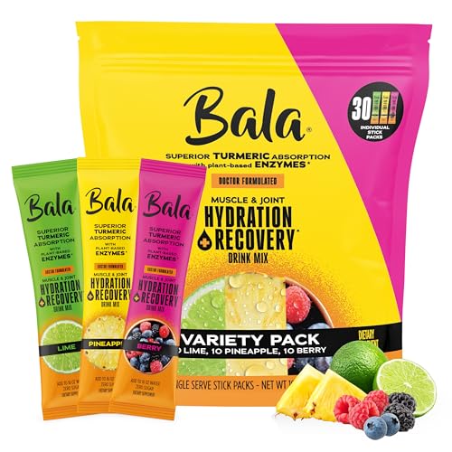 Image of Bala Total Body Wellness Drink Mix, Hydrate & Recover Variety Pack, Pineapple, Lime & Berry, 10 Per Flavor, Zero Sugar Electrolytes Powder Packets with Enzymes & Amino Acids, Turmeric Drink, 30 Sticks