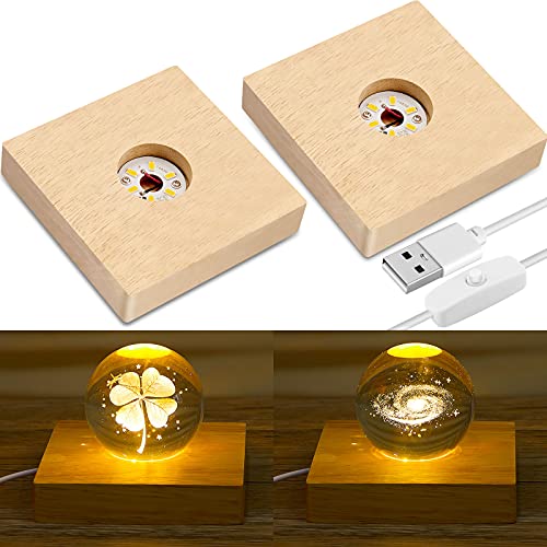 Honoson 2 Pcs LED Base Wood Light Display Base for Crystal Glass Art Resin Light Display Stand with 6 LED Wooden Crystal Resin Lamp for 3D Laser USB Only Valentine(Square)