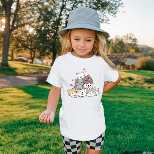 Image of KEEVICI Cute Cartoon Cat Shirts for Girls Kids Graphic Tees Kawaii Animal Pattern T Shirt Cotton Crewneck Summer Loose Tops