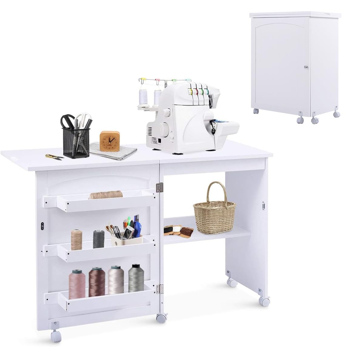 RELAX4LIFE Mesa de Costura Plegable con 5 Ruedas, 4 Estantes de Almacenamiento y Frenos, Mesa para Máquina de Coser de MDF, Mesa Multifuncional para Salón, Dormitorio, 118,5x40x79,5cm (Blanco)