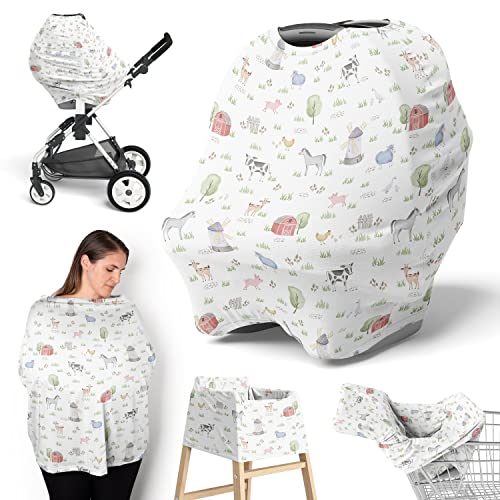 Image of Sweet Jojo Designs Farm Animals Boy Girl Infant Baby Car Seat Cover Nursing Breastfeeding Shopping Cart Stroller Canopy Grey Red Black and White Gender Netural Watercolor Farmhouse Green Barn Horse
