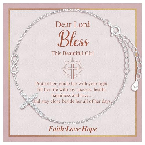 925 Sterling Silver Cross Bracelet for Girls - Christian Religious Faith Infinity Cross Bracelets for Teens Dainty Inspirational Gifts for Her Birthday Baptism Confirmation Easter