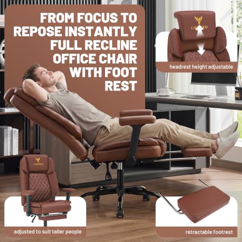 Image of Big Tall Office Chair with Footrest, PU Leather Executive Desk Chair Brown