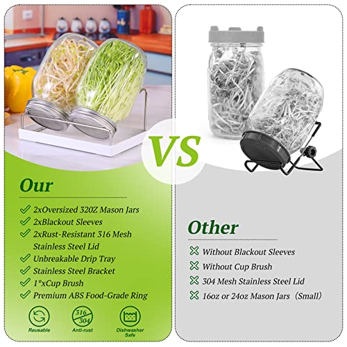 Sprouting Jar Kit 2Pcs Large Wide Mouth Mason Jars With Screen Sprout Lid ,Sprouting Jar Stand,Tray,Blackout Sleeves,Brush-Seed Sprouting Kit For Growing Mung Beans,Broccoli And So On #TOP2