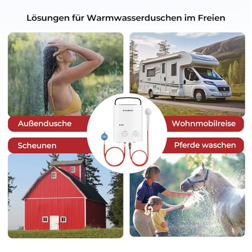 CAMPLUX AY132-DE 5 Liter Tankless Gasdurchlauferhitzer 50mbar, LPG Durchlauferhitzer mit Tragbarer Griff, 10 kW, Propan- oder Butangas, Campingdusche