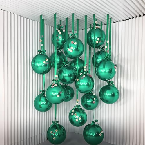 Image of 14 Pcs Green Round Foil Balloons 22 /15 /10 Hunter Emerald Forest Green Metallic 4D Ball Balloon Ornament Mylar Balloon Chrome Birthday Grad Wedding Anniversary Safair New Year Disco Party Decor
