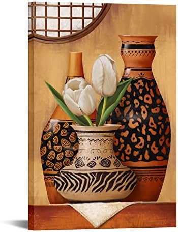 Conipit Still Life Canvas African Vase Wall Art Vertical Brown Painting Tribal Vase Picture Tulip in Retro Vase Artwork Prints for Bedroom Living Room Kitchen FRAMED 24"x36"