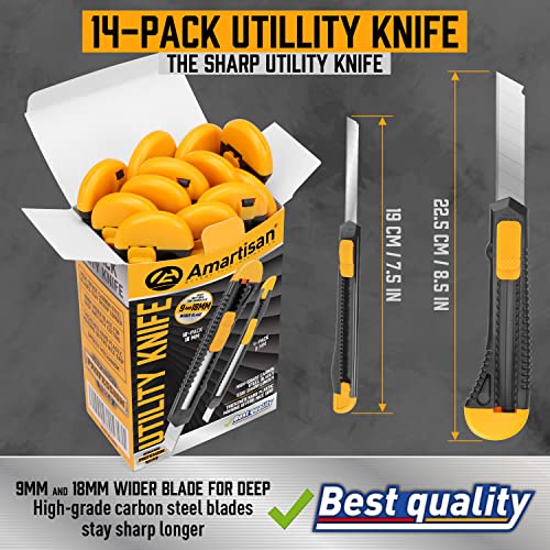 Image of Amartisan 14-Piece Retractable Box Cutter, Utility Knifes for Boxes, Cartons, Cardboard Cutting, 18mm & 9mm Wide Blade Cutter, Very Suitable for Office and Home Use. (Pack of 4)
