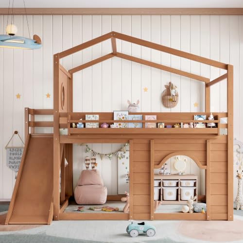 Image of Bellemave Bunk beds Full Over Full with Slide,Bookshelf and Wardrobe House roof Design, Low bunk /loft Bed for Kids, Natural