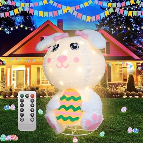 Easter Bunny Decorations, 2.5 FT Easter Bunny Lights with 60 LEDs, IP44 Waterproof Foldable Easter Rabbit Light with Remote Control, 8 Lighting Modes for Home, Yard, Garden, Lawn, Easter Party Decor Cover