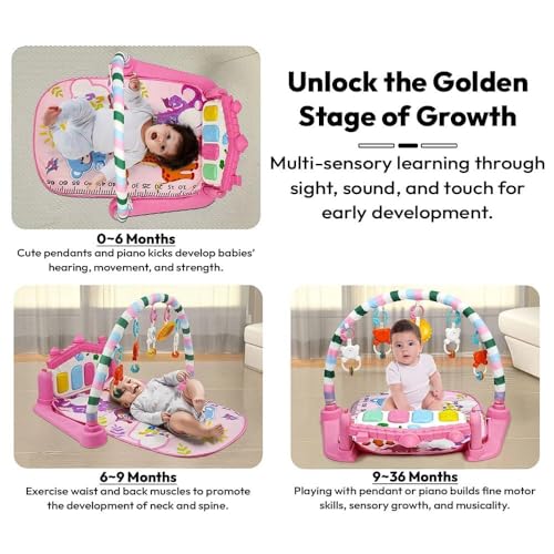 Image of Uonibaby by StarAndDaisy Baby Play Gym mat, Kick & Play Gym mat with Piano for Baby, Infants & Toddler Gym, Hanging rattles Toys and Fitness Rack (Pink)