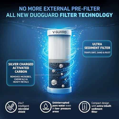 Image of V-Guard Aurina RO+UF Water Purifier | DuoGuard Filter Technology | Free Service Plan worth INR 2100 + Proactive Service | Reduces Water Wastage by 30% | 100% RO Purified Water | 7 Stages | 7 L