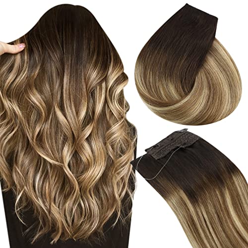 Fishing Line Hair Extensions Human Hair #2/6/24 Brown Ombre Blonde Balayage Fish Line Hair Extensions Invisible Wire Human Hair Extensions 18inch 80g